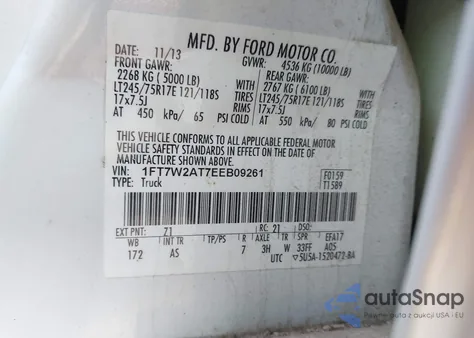 2014 Ford F-250 Xl z USA, uszkodzony, nr VIN 1FT7W2AT7EEB09261